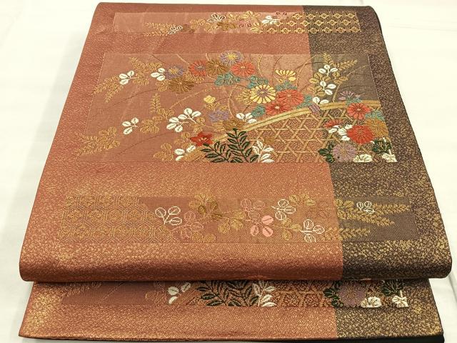 平和屋着物■六通柄袋帯 色紙に小菊 黒地 金糸 正絹 逸品 BAAN3069ea