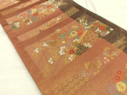 平和屋着物■六通柄袋帯 色紙に小菊 黒地 金糸 正絹 逸品 BAAN3069ea
