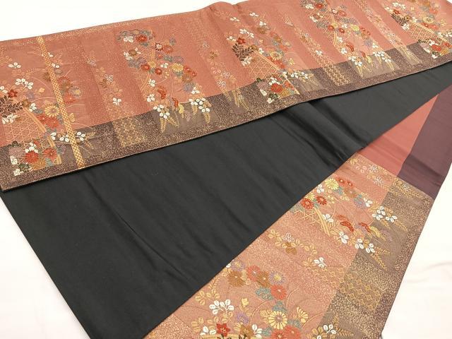 平和屋着物■六通柄袋帯 色紙に小菊 黒地 金糸 正絹 逸品 BAAN3069ea