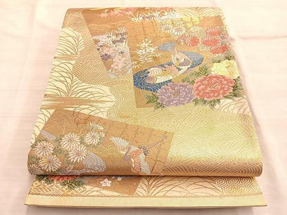 平和屋着物■六通柄袋帯　唐織　色紙飛鶴草花文　金糸　正絹　逸品　BAAN4430du