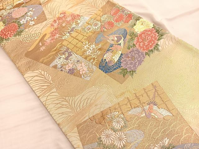 平和屋着物■六通柄袋帯　唐織　色紙飛鶴草花文　金糸　正絹　逸品　BAAN4430du