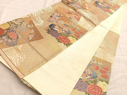 平和屋着物■六通柄袋帯　唐織　色紙飛鶴草花文　金糸　正絹　逸品　BAAN4430du