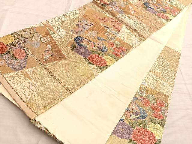 平和屋着物■六通柄袋帯　唐織　色紙飛鶴草花文　金糸　正絹　逸品　BAAN4430du