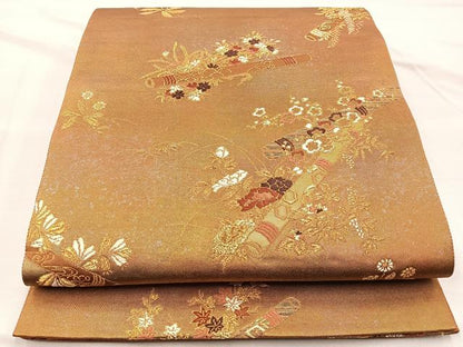 平和屋着物◎六通柄袋帯 唐織 露芝小花笛文 金糸 正絹 逸品 BAAN4982if