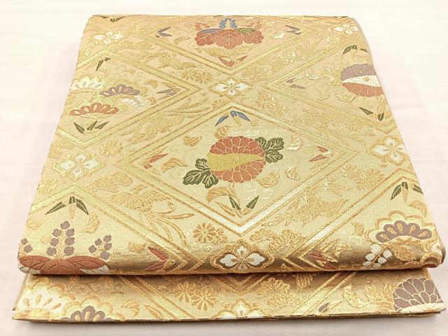 平和屋着物◎六通柄袋帯 菱天井花鳥文 金糸 正絹 逸品 BAAN4984if