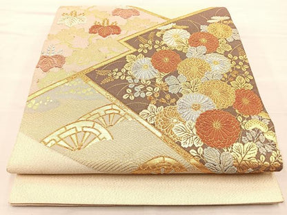 平和屋着物◎太鼓柄袋帯 松皮菱片輪車菊桐文 金銀糸 正絹 逸品 BAAN4992if