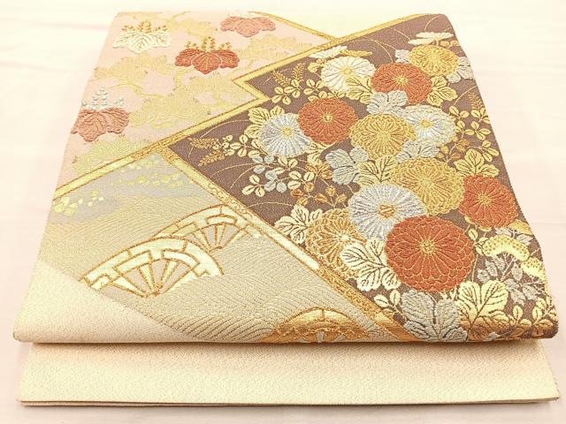 平和屋着物◎太鼓柄袋帯 松皮菱片輪車菊桐文 金銀糸 正絹 逸品 BAAN4992if
