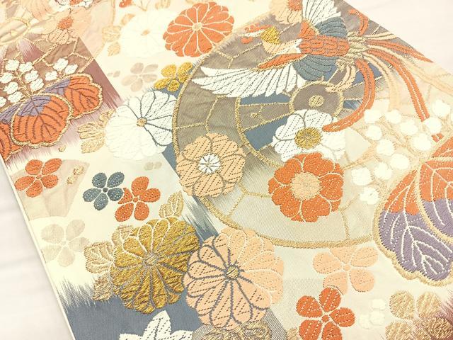 平和屋着物◎六通柄袋帯 唐織 扇面重ね花車文 金糸 正絹 逸品