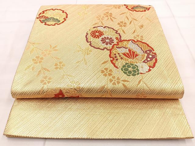 平和屋着物◎六通柄袋帯 雪輪花蝶文 金銀糸 正絹 逸品 BAAN5114cm
