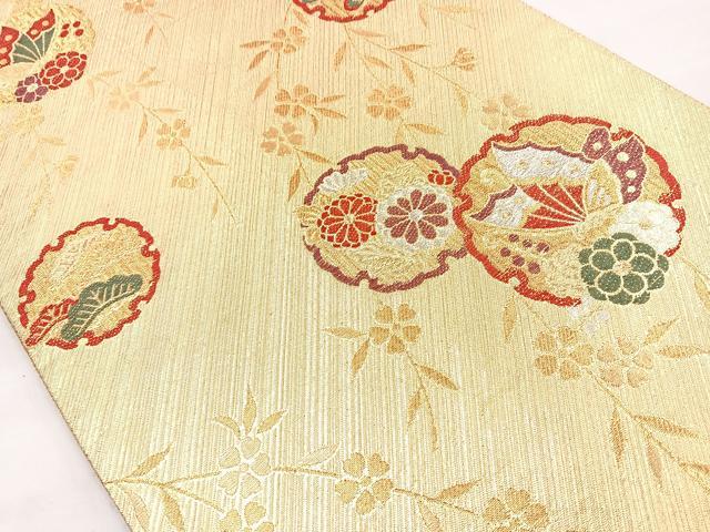 平和屋着物◎六通柄袋帯 雪輪花蝶文 金銀糸 正絹 逸品 BAAN5114cm