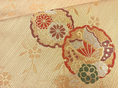 平和屋着物◎六通柄袋帯 雪輪花蝶文 金銀糸 正絹 逸品 BAAN5114cm