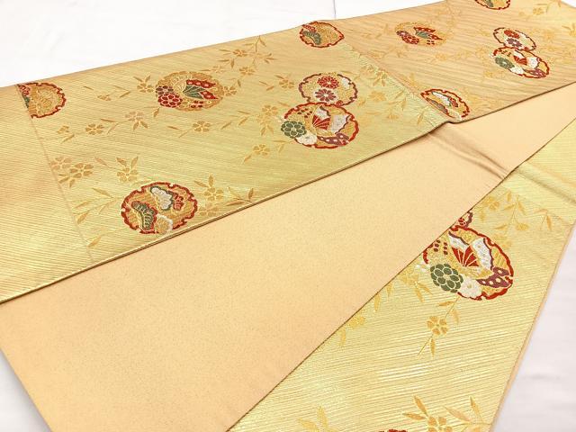平和屋着物◎六通柄袋帯 雪輪花蝶文 金銀糸 正絹 逸品 BAAN5114cm