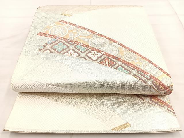 平和屋着物◎六通柄袋帯 唐織 桧扇宝華文 金銀糸 正絹 逸品 BAAN5119cm