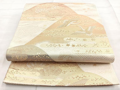 平和屋着物◎六通柄袋帯 唐織 遠山飛鶴文 金糸 正絹 逸品 BAAN5126cm