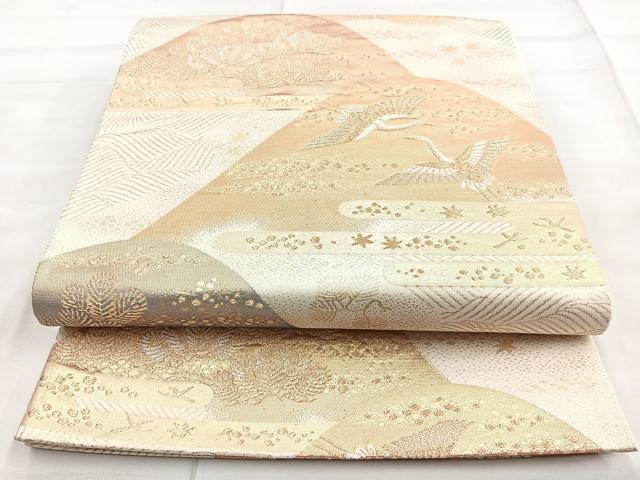 平和屋着物◎六通柄袋帯 唐織 遠山飛鶴文 金糸 正絹 逸品 BAAN5126cm
