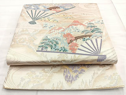 平和屋着物◎六通柄袋帯 山水桧扇文 金銀糸 正絹 逸品 BAAN5136cm