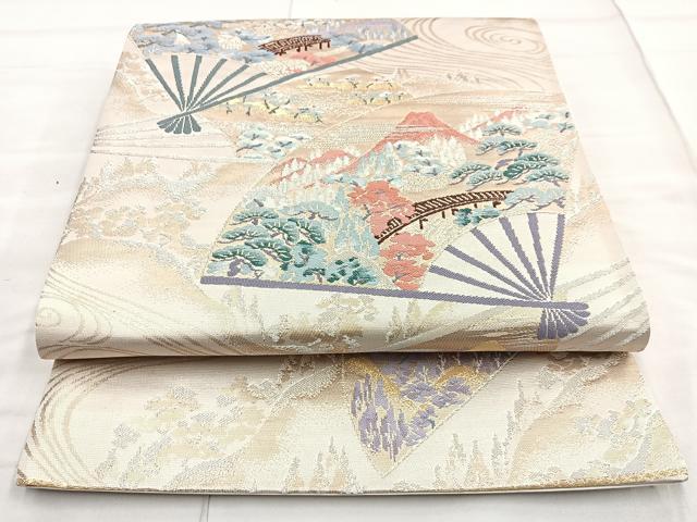 平和屋着物◎六通柄袋帯 山水桧扇文 金銀糸 正絹 逸品 BAAN5136cm