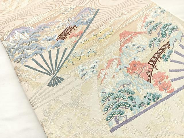 平和屋着物◎六通柄袋帯 山水桧扇文 金銀糸 正絹 逸品 BAAN5136cm
