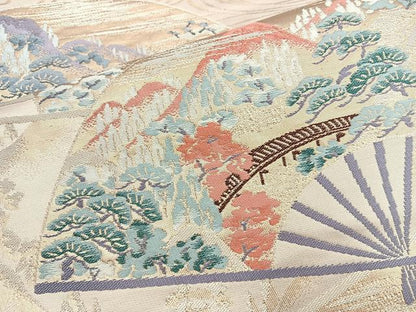 平和屋着物◎六通柄袋帯 山水桧扇文 金銀糸 正絹 逸品 BAAN5136cm