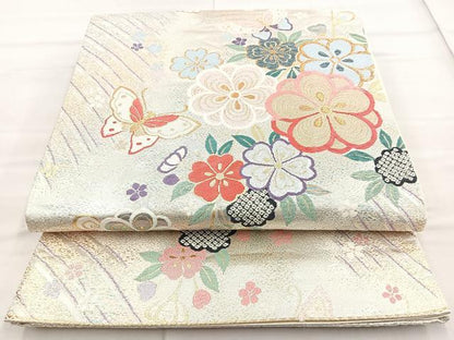 平和屋着物◎六通柄袋帯　唐織　花蝶文　金銀糸　正絹　逸品　BAAN5155cm
