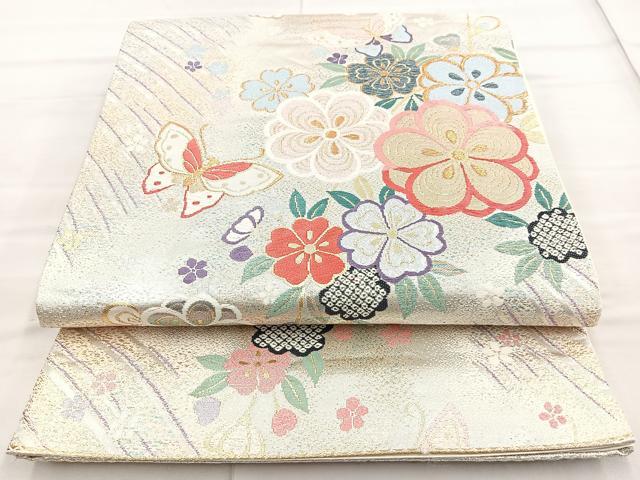 平和屋着物◎六通柄袋帯　唐織　花蝶文　金銀糸　正絹　逸品　BAAN5155cm