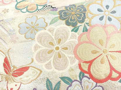 平和屋着物◎六通柄袋帯　唐織　花蝶文　金銀糸　正絹　逸品　BAAN5155cm