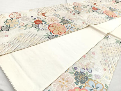 平和屋着物◎六通柄袋帯　唐織　花蝶文　金銀糸　正絹　逸品　BAAN5155cm