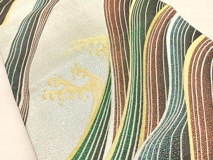 平和屋着物◎佐賀錦 六通柄袋帯 立波文 金銀糸 正絹 逸品 BAAN5165cm