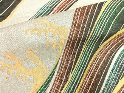平和屋着物◎佐賀錦 六通柄袋帯 立波文 金銀糸 正絹 逸品 BAAN5165cm