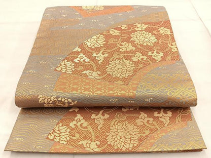 平和屋着物◎六通柄袋帯 地紙草花文 金糸 正絹 逸品 BAAN5166cm