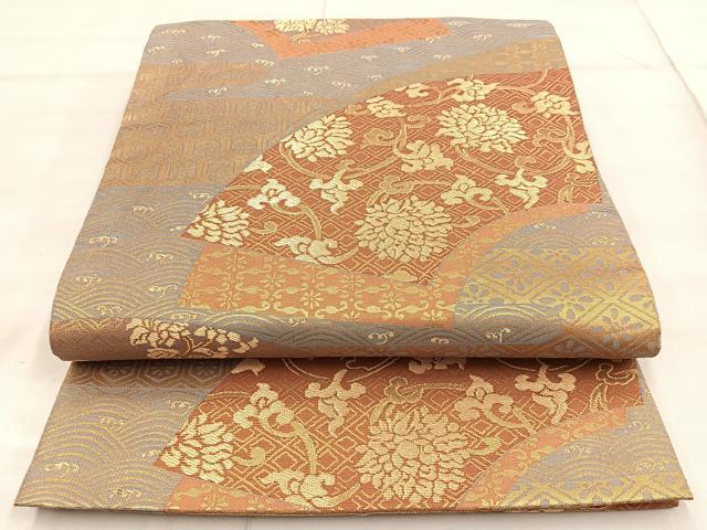 平和屋着物◎六通柄袋帯 地紙草花文 金糸 正絹 逸品 BAAN5166cm