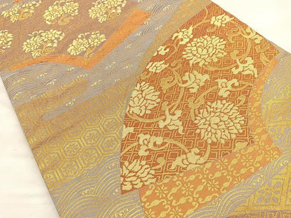 平和屋着物◎六通柄袋帯 地紙草花文 金糸 正絹 逸品 BAAN5166cm