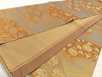 平和屋着物◎六通柄袋帯 地紙草花文 金糸 正絹 逸品 BAAN5166cm
