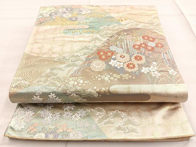 平和屋着物◎六通柄袋帯 唐織 遠山花文 金糸 正絹 逸品 BAAN5179cm