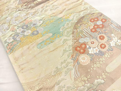 平和屋着物◎六通柄袋帯 唐織 遠山花文 金糸 正絹 逸品 BAAN5179cm