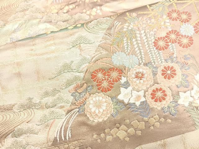 平和屋着物◎六通柄袋帯 唐織 遠山花文 金糸 正絹 逸品 BAAN5179cm