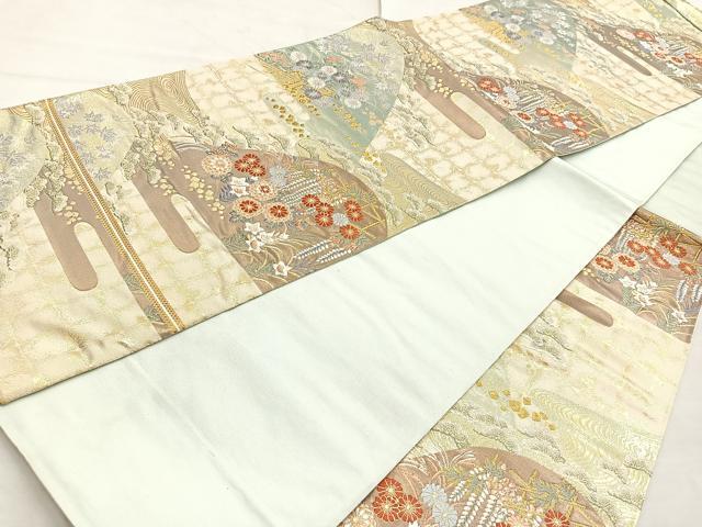平和屋着物◎六通柄袋帯 唐織 遠山花文 金糸 正絹 逸品 BAAN5179cm