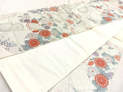 平和屋着物◎六通柄袋帯　唐織　熨斗花文　九百錦　プラチナ箔　正絹　逸品　BAAN5192cm