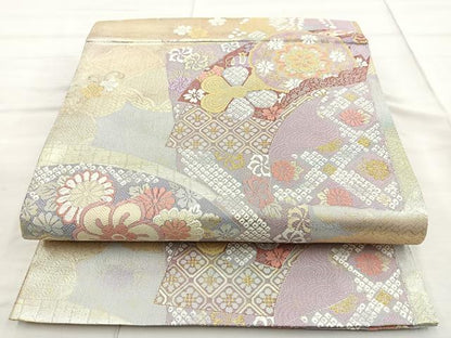 平和屋着物◎六通柄袋帯 唐織 地紙色紙花文 金糸 正絹 逸品 BAAN5218cm