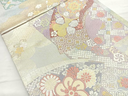 平和屋着物◎六通柄袋帯 唐織 地紙色紙花文 金糸 正絹 逸品 BAAN5218cm