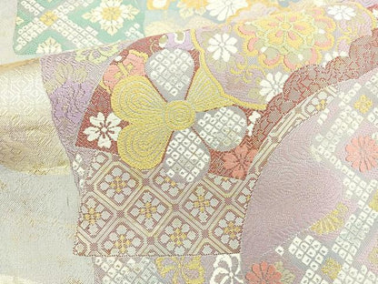 平和屋着物◎六通柄袋帯 唐織 地紙色紙花文 金糸 正絹 逸品 BAAN5218cm