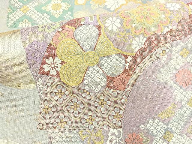 平和屋着物◎六通柄袋帯 唐織 地紙色紙花文 金糸 正絹 逸品 BAAN5218cm