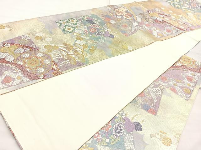 平和屋着物◎六通柄袋帯 唐織 地紙色紙花文 金糸 正絹 逸品 BAAN5218cm