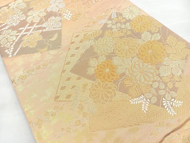 平和屋着物◎六通柄袋帯 色紙重ね花文 金糸 正絹 逸品 BAAN5223cm