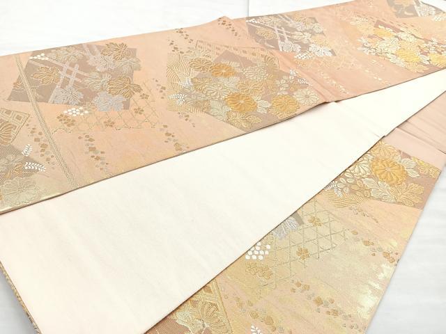 平和屋着物◎六通柄袋帯 色紙重ね花文 金糸 正絹 逸品 BAAN5223cm