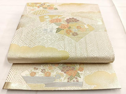平和屋着物◎六通柄袋帯 雲重ね地紙花文 プラチナ箔二重織 正絹 逸品 BAAN5234cm