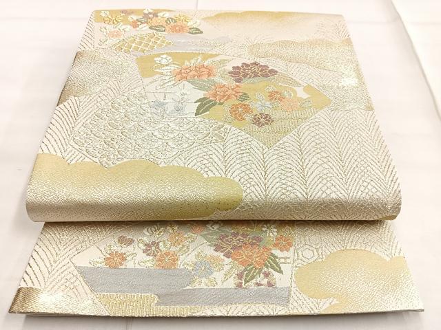 平和屋着物◎六通柄袋帯 雲重ね地紙花文 プラチナ箔二重織 正絹 逸品 BAAN5234cm