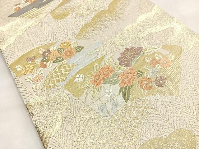平和屋着物◎六通柄袋帯 雲重ね地紙花文 プラチナ箔二重織 正絹 逸品 BAAN5234cm