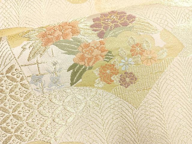 平和屋着物◎六通柄袋帯 雲重ね地紙花文 プラチナ箔二重織 正絹 逸品 BAAN5234cm