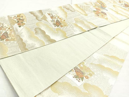 平和屋着物◎六通柄袋帯 雲重ね地紙花文 プラチナ箔二重織 正絹 逸品 BAAN5234cm